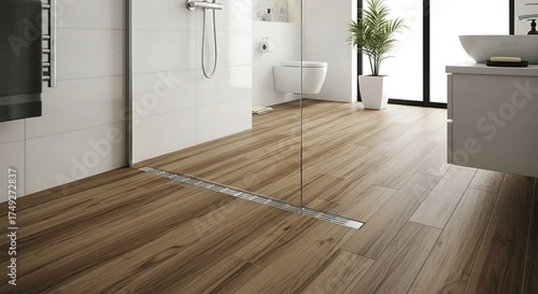 Fototapeta Contemporary bathroom interior showcasing wood-look tile flooring and a sleek shower drain system