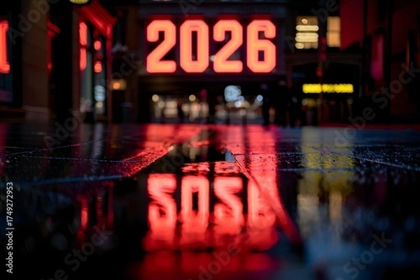 Fototapeta Reflection of 2026 sos sign on wet urban pavement