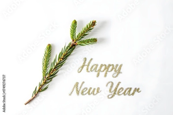 Fototapeta Green pine branch with happy new year text isolated on white background