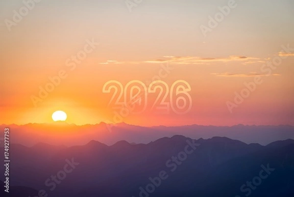 Fototapeta Sunset over mountains with 2026 text in sky