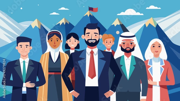 Fototapeta A group of people are standing together in a business setting. They are all dressed in suits and ties, and there is a mountain in the background. Scene is professional and serious