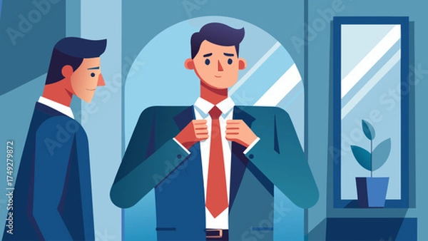 Fototapeta A man is getting ready to tie his tie in front of a mirror. He looks sad and is wearing a suit