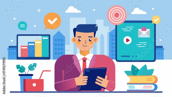 Fototapeta A man is sitting at a desk with a tablet in front of him. He is smiling and he is enjoying his work. The desk is cluttered with various items, including a book, a cup, and a potted plant