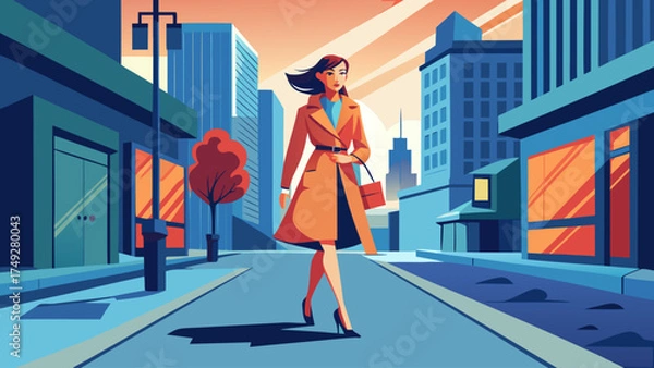 Fototapeta A woman is walking down a city street wearing a coat and carrying a handbag. The scene is set in a city with tall buildings and a street lamp. The woman is in a hurry