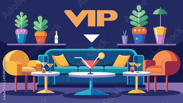 Fototapeta A colorful interior with a large sign that says VIP. There are several couches and chairs, as well as potted plants and a few wine glasses. The atmosphere is lively and inviting