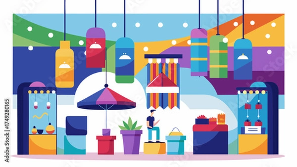 Fototapeta A colorful store with a man holding a cell phone. The store is filled with various items, including a potted plant, umbrellas, and a few bottles. The atmosphere is lively and bustling