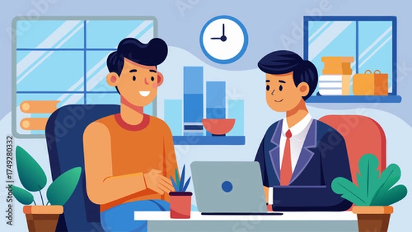 Fototapeta Two men are sitting at a desk with a laptop in front of them. One man is wearing an orange shirt and the other is wearing a suit. They are discussing something important