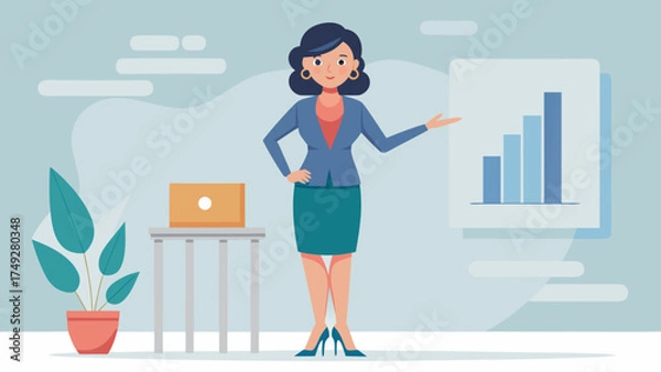 Fototapeta A woman is standing in front of a projection screen with a laptop on a table in front of her. She is pointing to a graph on the screen