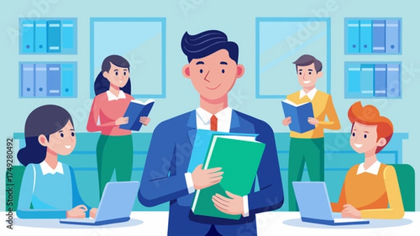 Fototapeta A man is holding a green book in front of a group of people. The people are sitting at a table with laptops and books. The man is smiling and he is the leader of the group