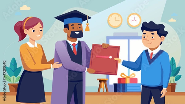 Fototapeta A man in a graduation gown is handing a certificate to a young man. The man is smiling and the young man is smiling back. The scene is set in a room with a clock on the wall