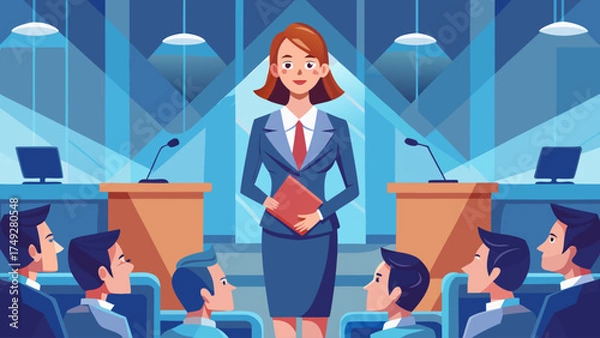 Fototapeta A woman is standing in front of a podium with a book in her hand. She is giving a speech to a group of people