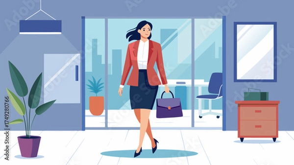 Fototapeta A woman in a business suit walks into a room with a large potted plant and a desk