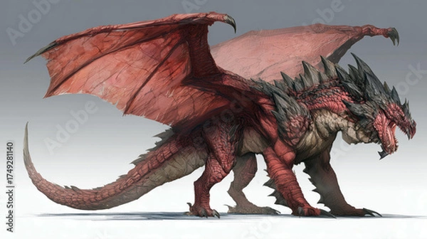 Fototapeta Fearsome Elder Dragon in Full-Body Art Style with Majestic Wings and Intricate Details