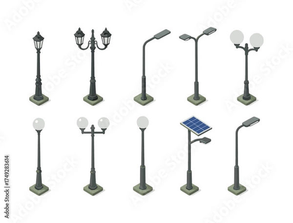 Fototapeta Collection of isometric street lamps with solar panel and traditional designs