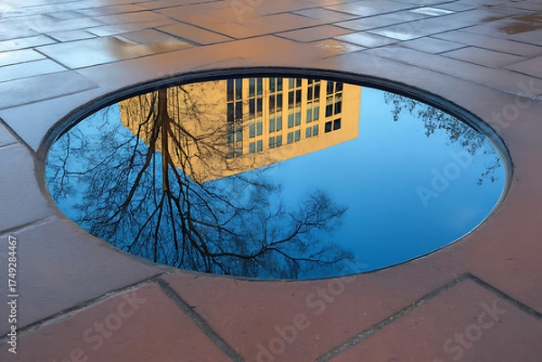 Obraz Circular Puddle Reflecting Sky and Building – Urban Nature Symmetry.