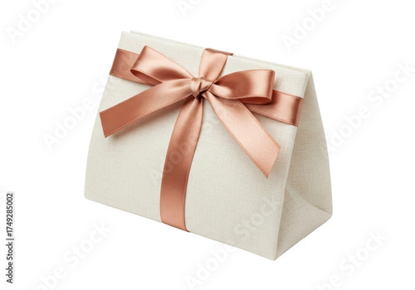Fototapeta Elegant gift box with copper ribbon isolated, present wrapped in beige fabric for special occasions and celebrations