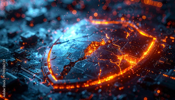 Fototapeta Digital Shield: A striking visual depicting a cracked shield, illuminated by an ethereal orange glow, symbolizes the fragility of digital security in a rapidly evolving technological landscape. 