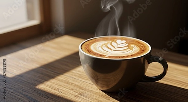 Fototapeta Cup of coffee and cappuccino on a wooden table in a cafe