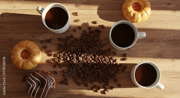 Fototapeta Still life with coffee cup and chocolate on table