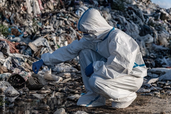 Fototapeta An environmental worker in protective gear collects samples at a landfill site, highlighting ongoing pollution and waste management issues