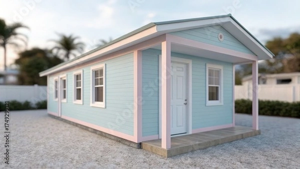 Fototapeta Accessory Dwelling Unit A pastel blue house with white trim and a front porch, set in a sunny outdoor environment.