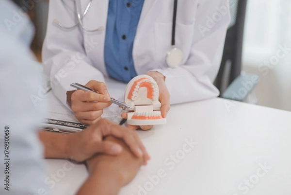 Fototapeta Dentist consultation - patient visit at the dental clinic office. Female dentist wearing dentures to explain teeth Recommend guidelines for orthodontics Dentist giving advice on patient's condition
