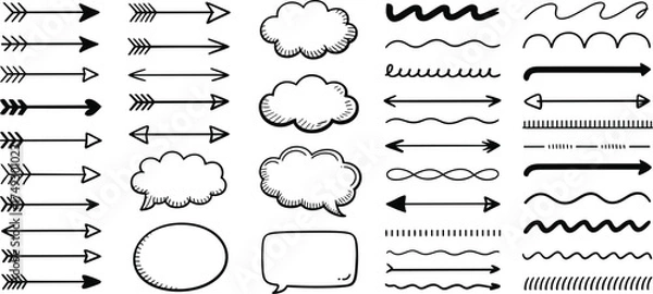 Fototapeta Collection of hand drawn arrows speech bubbles and decorative line elements for design