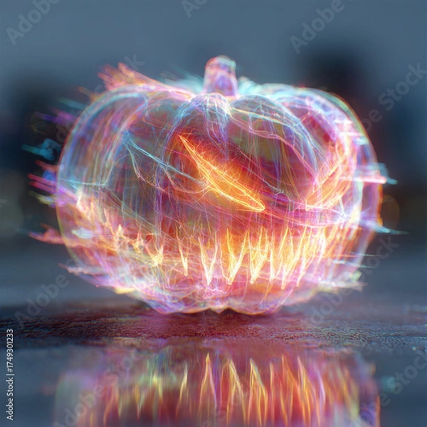 Fototapeta Glowing neon pumpkin with scary face and fiery eyes reflection