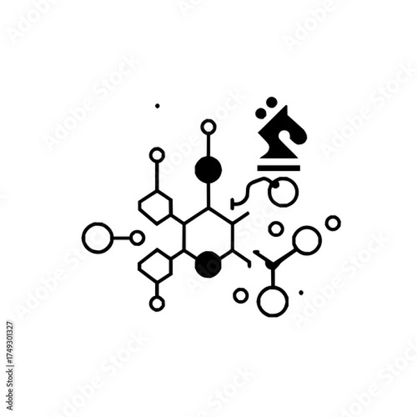 Fototapeta Abstract illustration of a molecular structure with a chess knight piece in black and white design