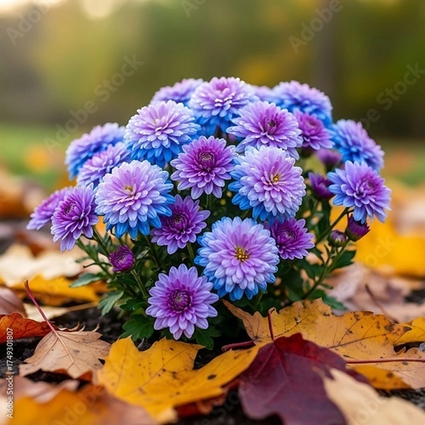 Fototapeta Autumnal Bloom - A Vibrant Cluster of Purple and Blue Chrysanthemums.