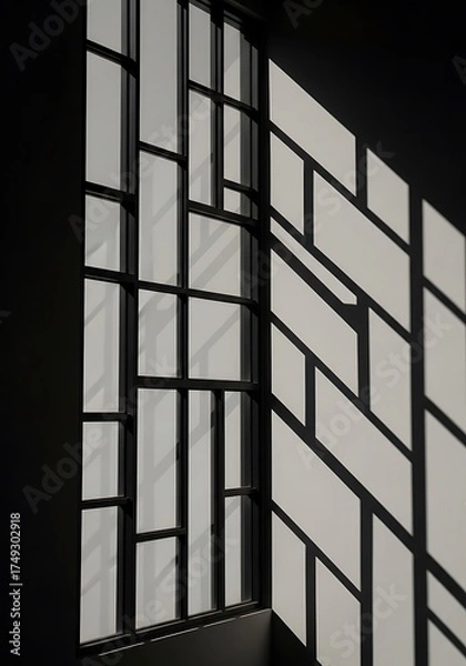 Fototapeta Abstract architectural monochrome composition: window pane shadows create geometric patterns on a wall surface