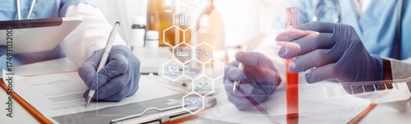 Fototapeta Medicine doctor and robotics research and analysis. Diagnose checking coronavirus or covid-19 testing result with virtual screen in laboratory, Inhibition of disease outbreaks and Medical technology