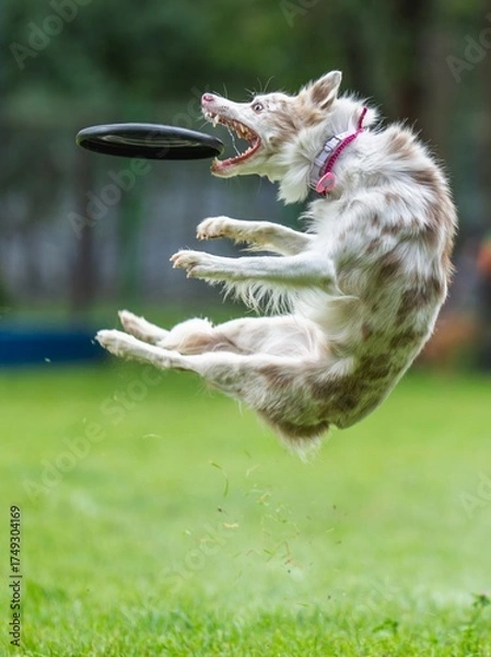 Fototapeta A dog runs and catches a Frisbee