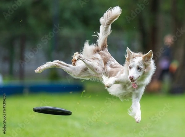 Fototapeta A dog runs and catches a Frisbee