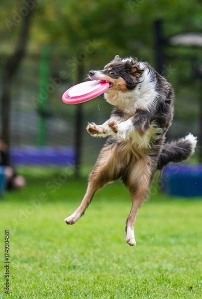 Fototapeta A dog runs and catches a Frisbee