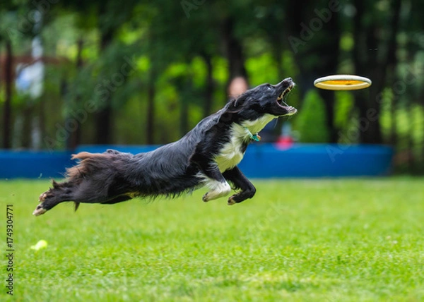 Fototapeta A dog runs and catches a Frisbee