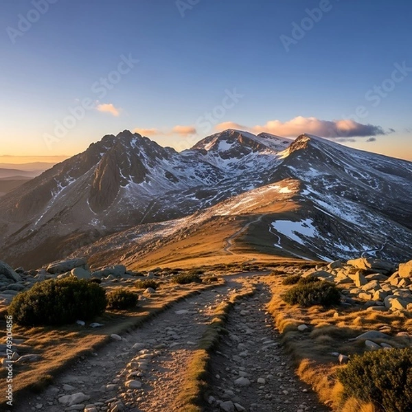 Fototapeta Majestic Mountain Vista - A Serene Pathway to Snowy Peaks at Sunset.