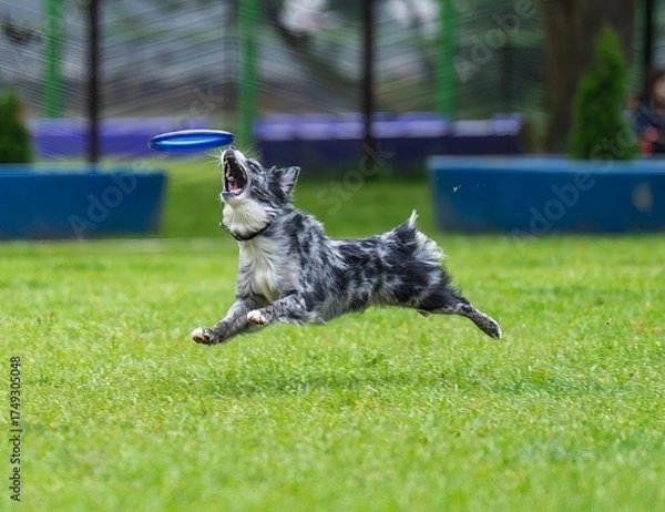 Fototapeta A dog runs and catches a Frisbee