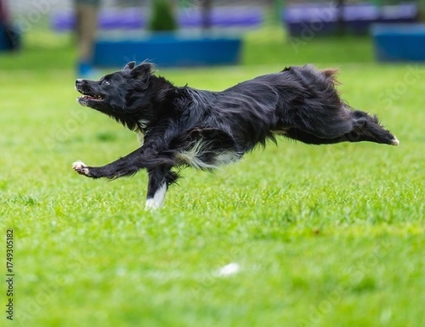 Fototapeta A dog runs and catches a Frisbee