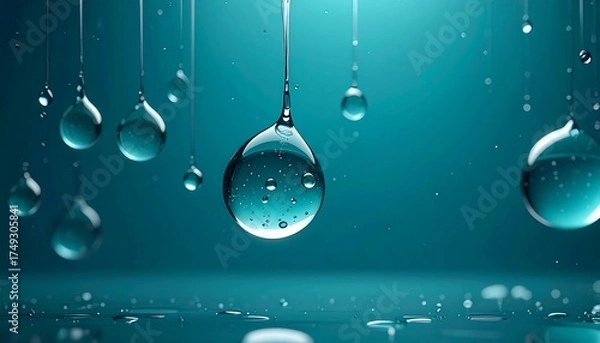 Fototapeta Glistening water droplets suspended and falling, reflecting light on a pristine blue surface, creating a dynamic abstract of clarity, purity, and natural refreshment