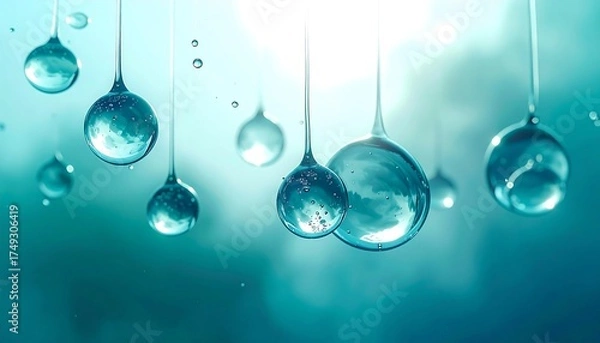 Fototapeta Close-up abstract view of shimmering water droplets suspended in a vibrant teal and blue background, symbolizing purity, freshness, and the essence of hydration