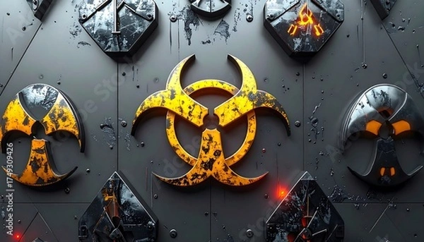 Fototapeta Hazardous Radiation Symbol and Biohazard Symbol on a Textured Metallic Surface