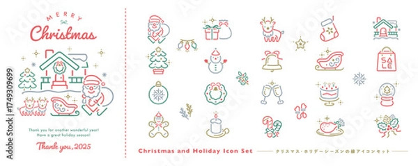 Obraz クリスマスのかわいい線アイコン・絵文字のベクターイラストセット:クリスマスツリーやサンタクロースなどシンボルの飾り