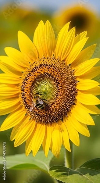 Fototapeta Sunflower and Bee - A Sunny Day in the Field.