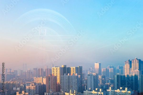 Fototapeta Cityscape of the modern city in the evening with lens flare effect