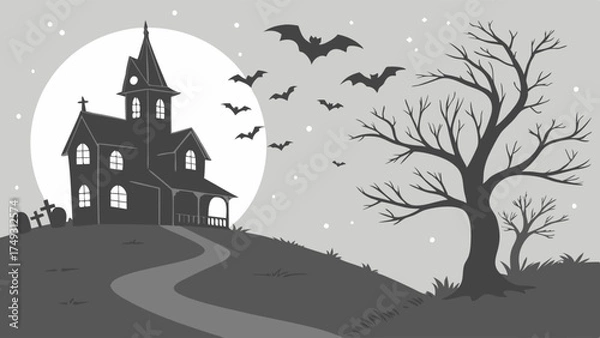 Obraz Spooky Haunted House Silhouette Flying Bats Full Moon Bare Trees Eerie Night Halloween Vector Illustration Background
