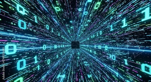 Fototapeta Digital Data Stream - A Futuristic Binary Code Tunnel.