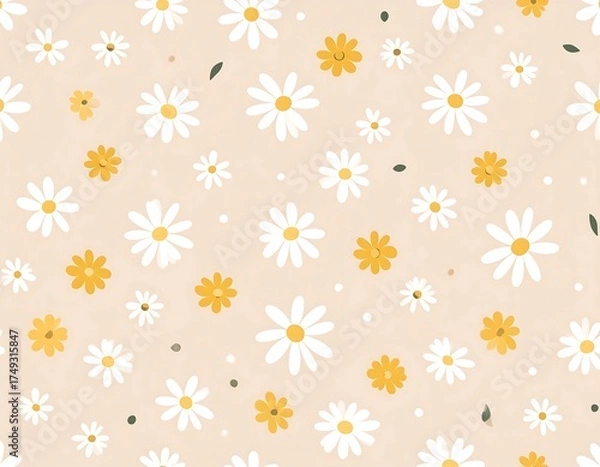 Fototapeta A cheerful, illustrated pattern with various-sized daisies and subtle leaves