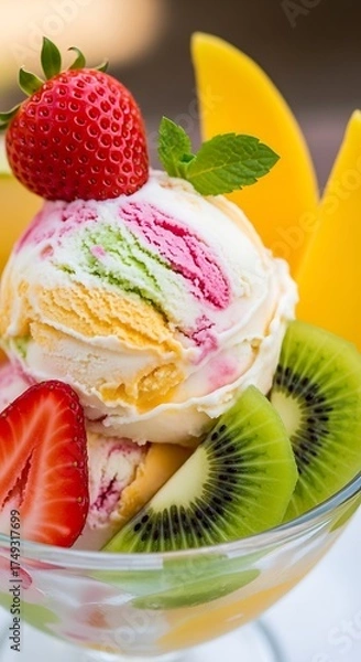 Fototapeta Colorful Fruit Ice Cream Sundae with Strawberry and Kiwi.