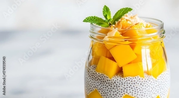 Obraz Refreshing Mango Chia Seed Pudding in a Jar.